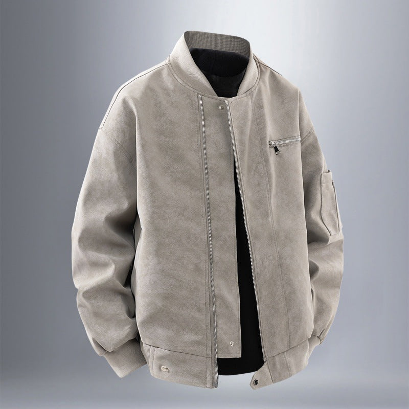 Men's Suede Look Bomber Jacket with Full Zip, Rib Collar and Utility Pockets Fashion Glam