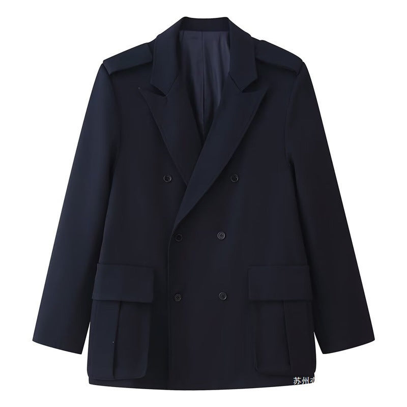 Women Double-breasted Field Blazer with large flap pockets and shoulder epaulets Fashion Glam
