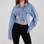 Ladies short denim jacket with pearl embellishments, fringed hem, and wide-cut sleeves Fashion Glam