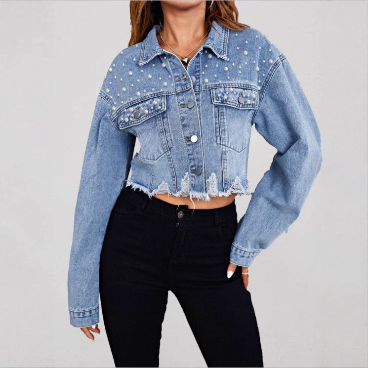 Ladies short denim jacket with pearl embellishments, fringed hem, and wide-cut sleeves Fashion Glam