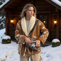 Ladies short cut lamb fur imitation jacket with large shawl collar and ornamental embroidery Fashion Glam