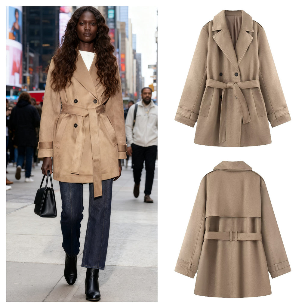 Women's short trench coat in suede-look velvet with tie belt Fashion Glam