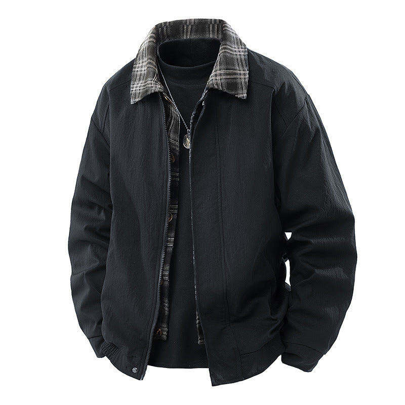 Men's Casual Layering Transitional Jacket with Checked Lining and Zipper Fashion Glam