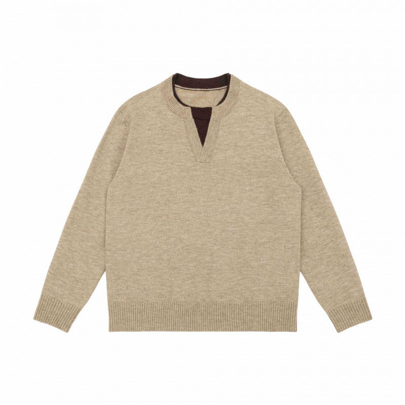 Unisex Mélange-knit sweater with half-neck V-slit and contrasted inner waistband Fashion Glam