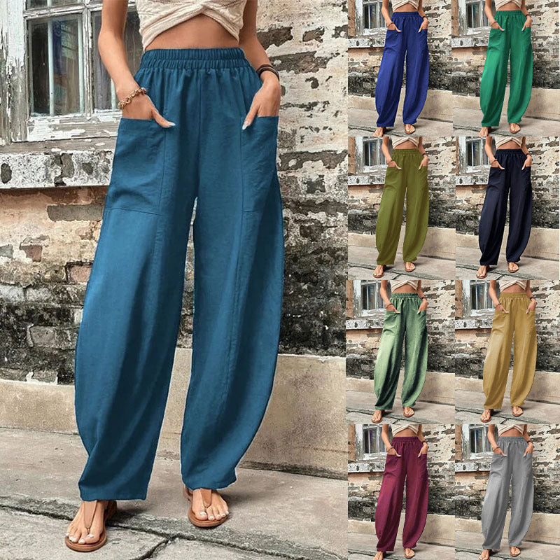 Women's Lightweight Linen Pants with Wide Leg, High Elastic Waistband, and Patch Pockets Fashion Glam