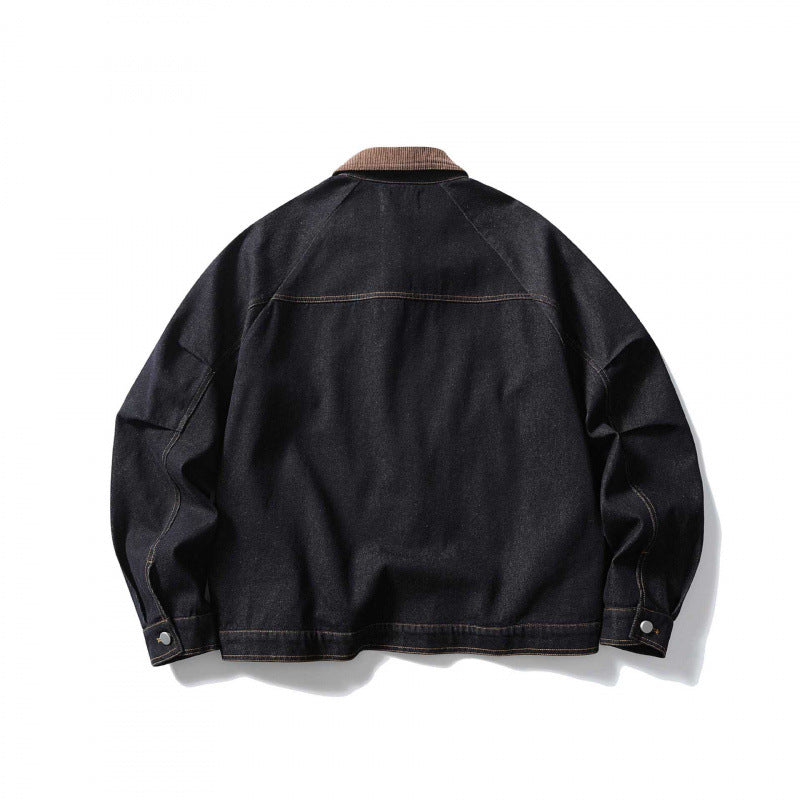 Unisex Boxy Denim Jacket with Cord Collar, Contrasting Decorative Seams and Press Stud Placket Fashion Glam
