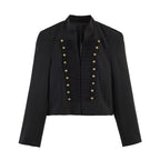 Women military-inspired cropped jacket with stand collar and decorative button detail Fashion Glam