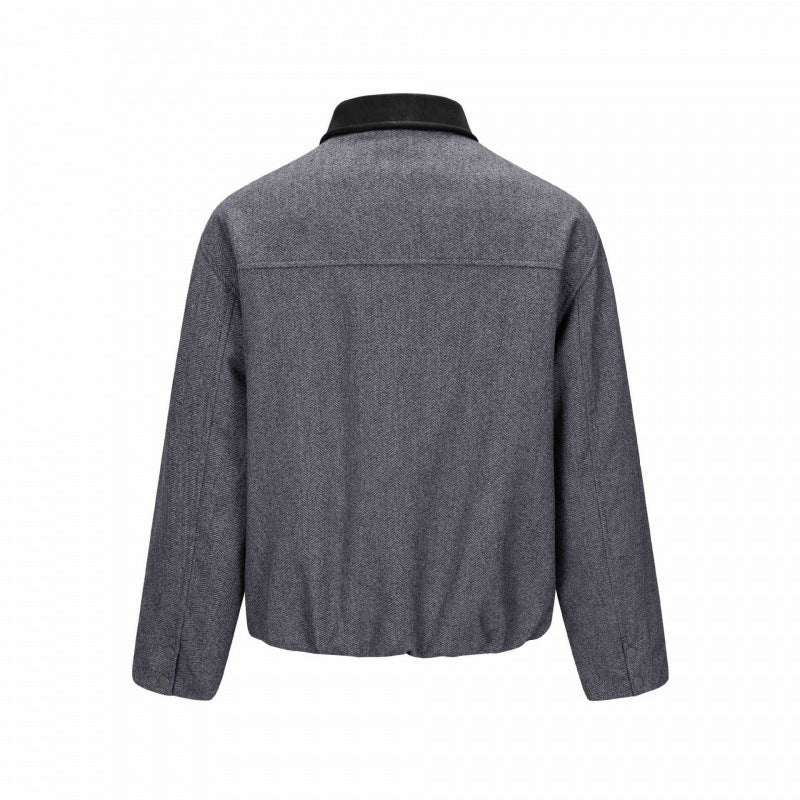 Men's short jacket in herringbone wool blend with leather collar and concealed closure Fashion Glam