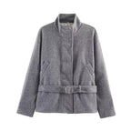Women's short jacket made of wool blend with waistband, stand-up collar and flap pockets Fashion Glam