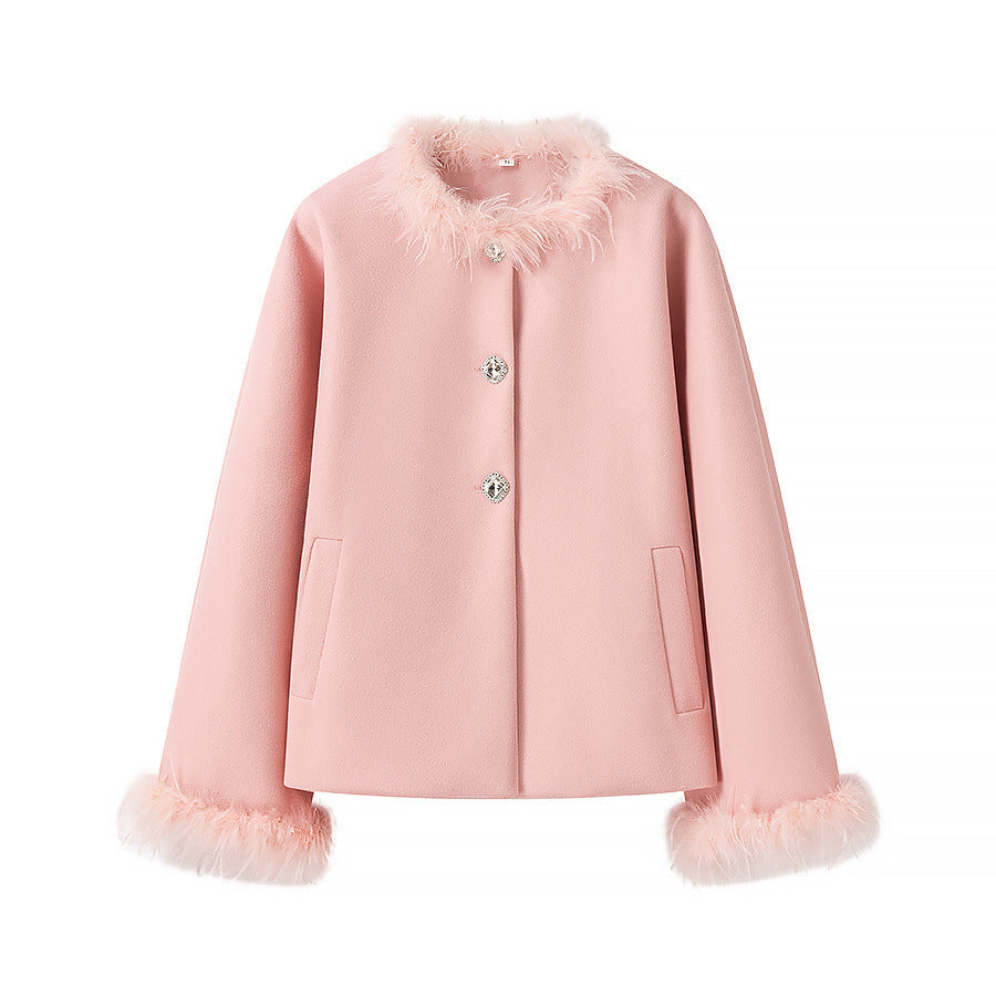 Ladies Short Boxy Coat Jacket with Feather Trimmed Collar and Cuffs Fashion Glam