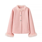 Ladies Short Boxy Coat Jacket with Feather Trimmed Collar and Cuffs Fashion Glam