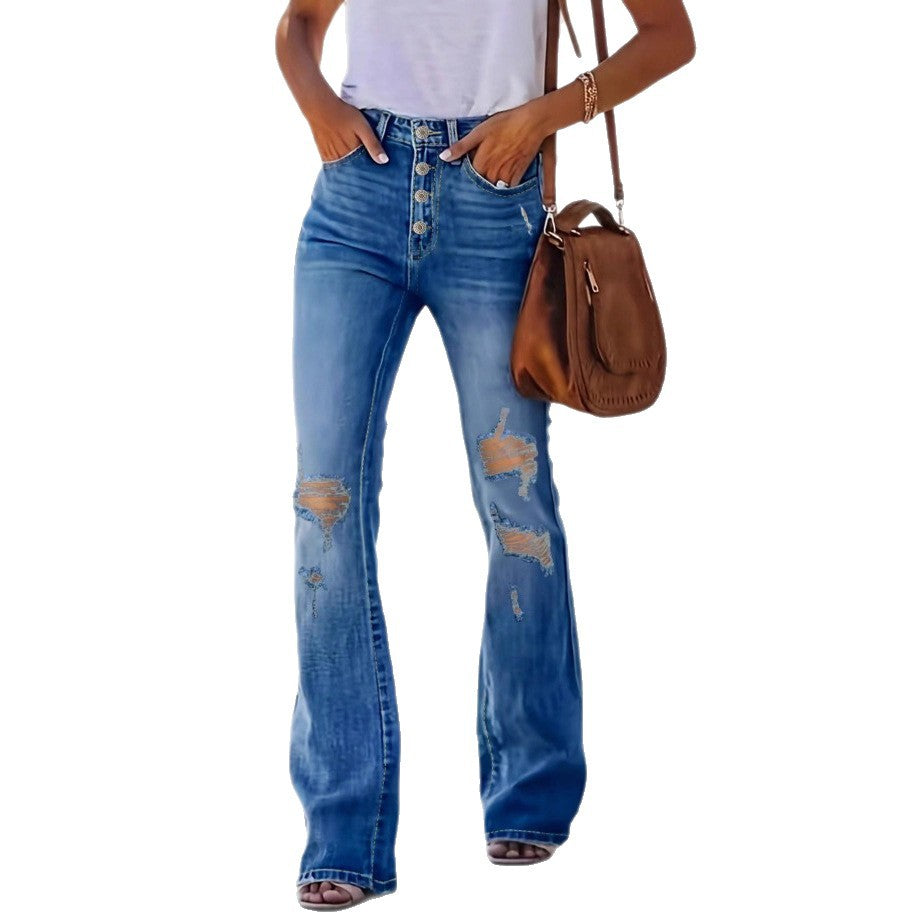 Women's high-waisted flared jeans with visible button fly, destroyed knee & sculpting stretch fit Fashion Glam