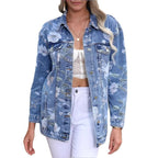 Women’s Longer Denim Jacket with Floral Allover Print, Chest Flap Pockets, and Casual Oversized Fit Fashion Glam