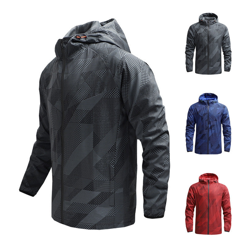 Men's Lightweight Geometric Windbreaker with Hood and Breathable Functional Material Fashion Glam