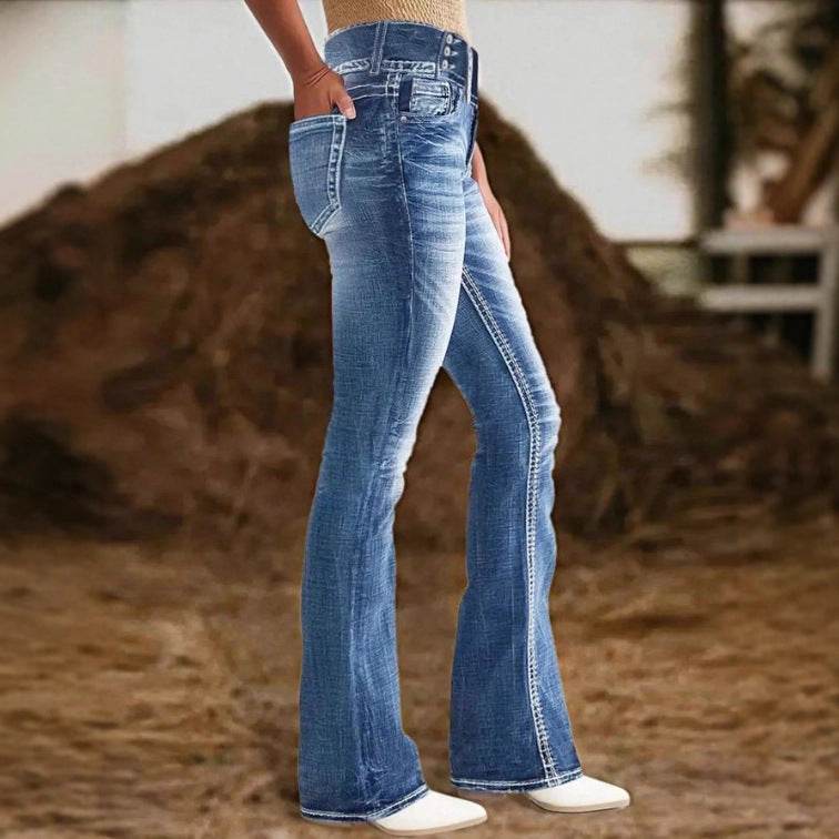 Women High-Waist Bootcut Jeans with sculpting seam design and light vintage finish Fashion Glam