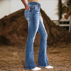 Women High-Waist Bootcut Jeans with sculpting seam design and light vintage finish Fashion Glam