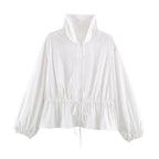 Women's lightweight adjustable windbreaker with stand-up collar, drawstring, and balloon sleeves Fashion Glam
