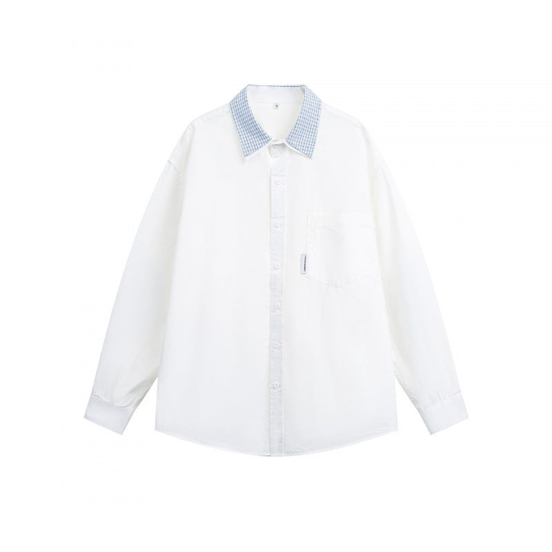 Unisex Loose-Fitting Cotton Shirt with Contrasting Checked Collar and Chest Pocket Fashion Glam