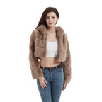 Women's Cropped Faux Fur Jacket with Horizontal Panel Structure and Zipper Fashion Glam