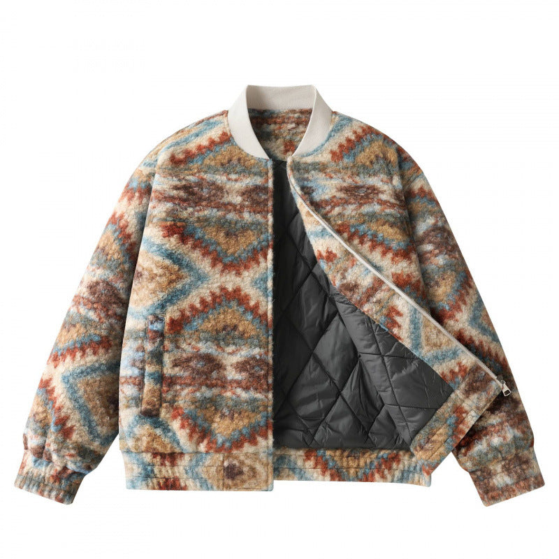 Unisex Boxy Fleece Bomber Jacket with Aztec Pattern and Zipper Fashion Glam