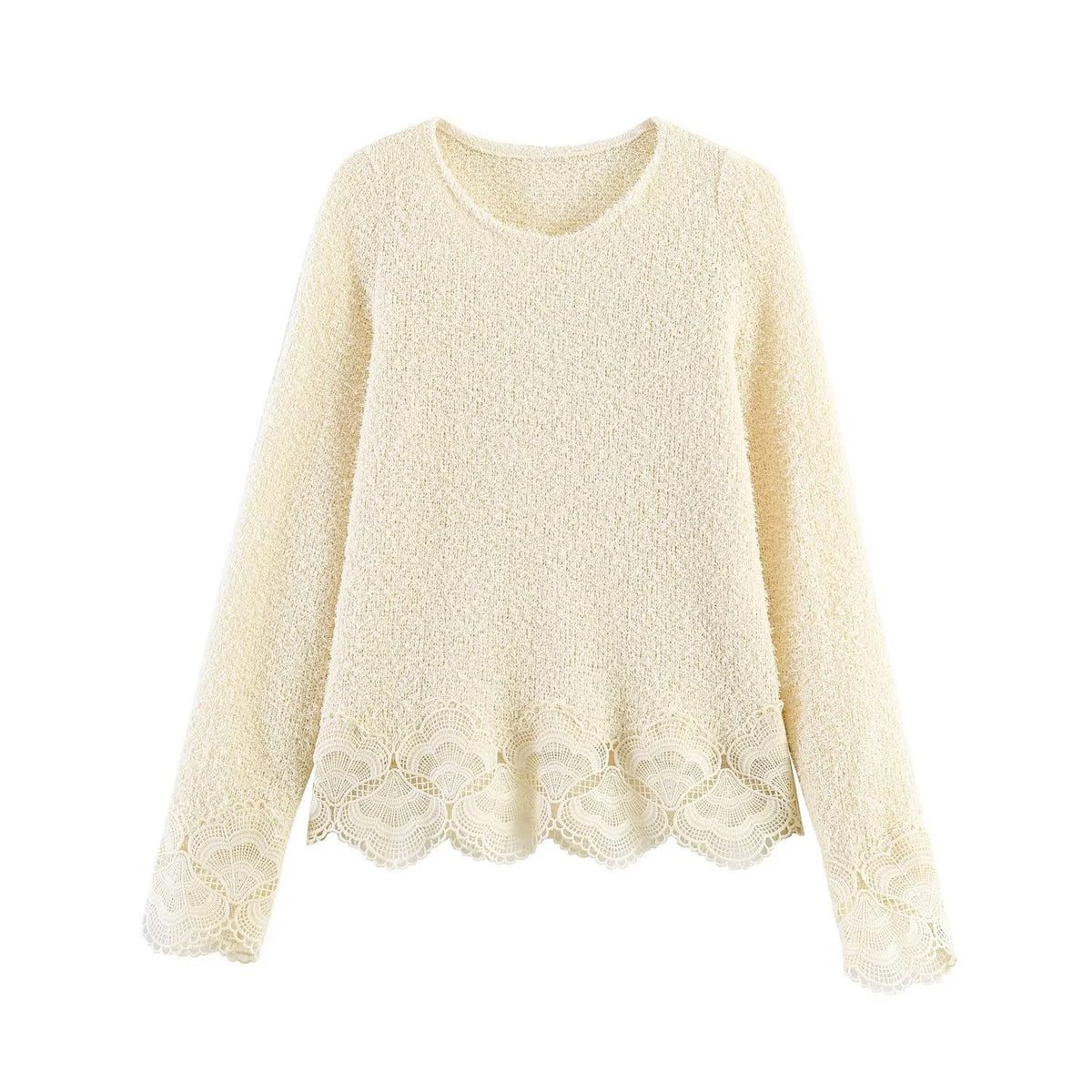 Women Boucle Knit Sweater with Lace Trim and Wavy Hem Fashion Glam