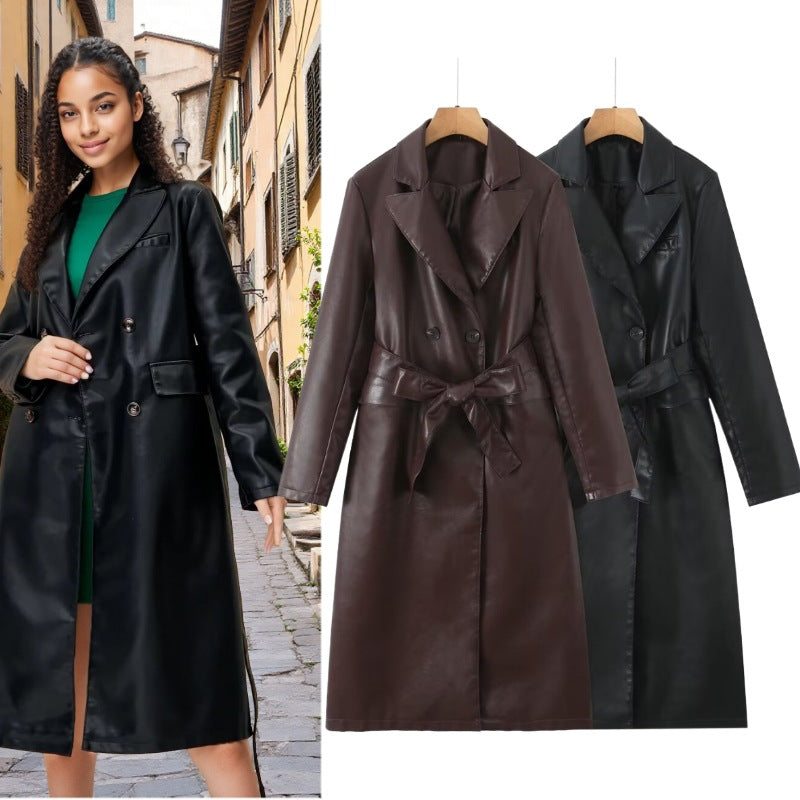 Women's Longline Faux Leather Trench Coat with Double-Breasted Button Placket and Waist Belt Fashion Glam