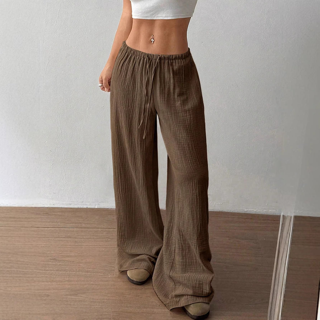 Women Lightweight Linen Look Pants with Wide Leg, Elastic Waistband and Drawstring Fashion Glam
