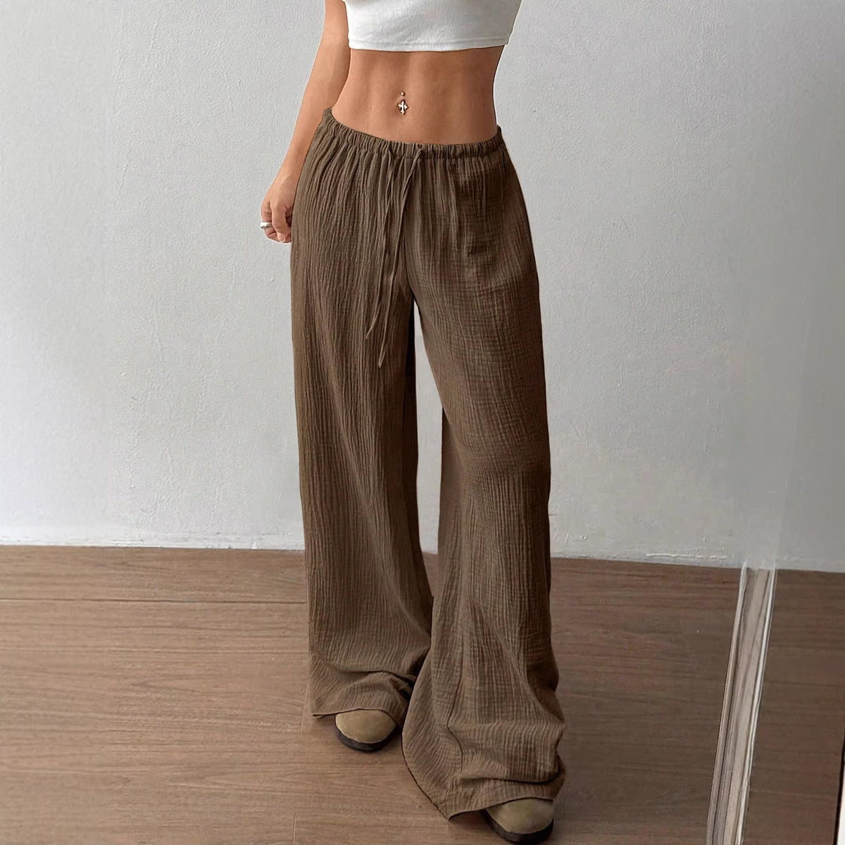 Women Lightweight Linen Look Pants with Wide Leg, Elastic Waistband and Drawstring Fashion Glam