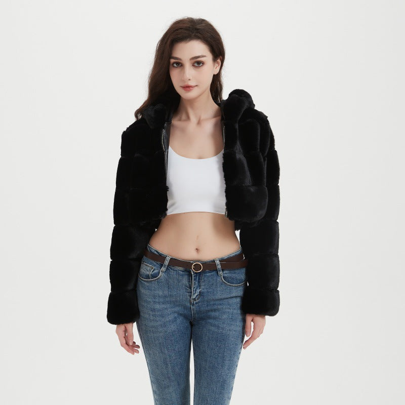 Women's Cropped Faux Fur Jacket with Quilted Panel Design and Hood Fashion Glam