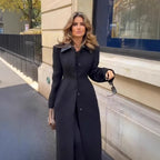 Ladies Tailored Long Coat with Contrasting Shirt Collar and Figure-Shaping Cut Fashion Glam