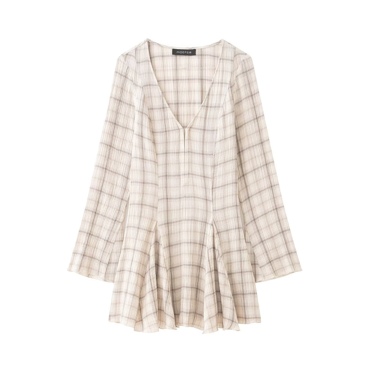 Women's Lightweight V-Neck Midi Dress with Check Pattern, Tailored Godet Skirt and Crinkle Structure Fashion Glam