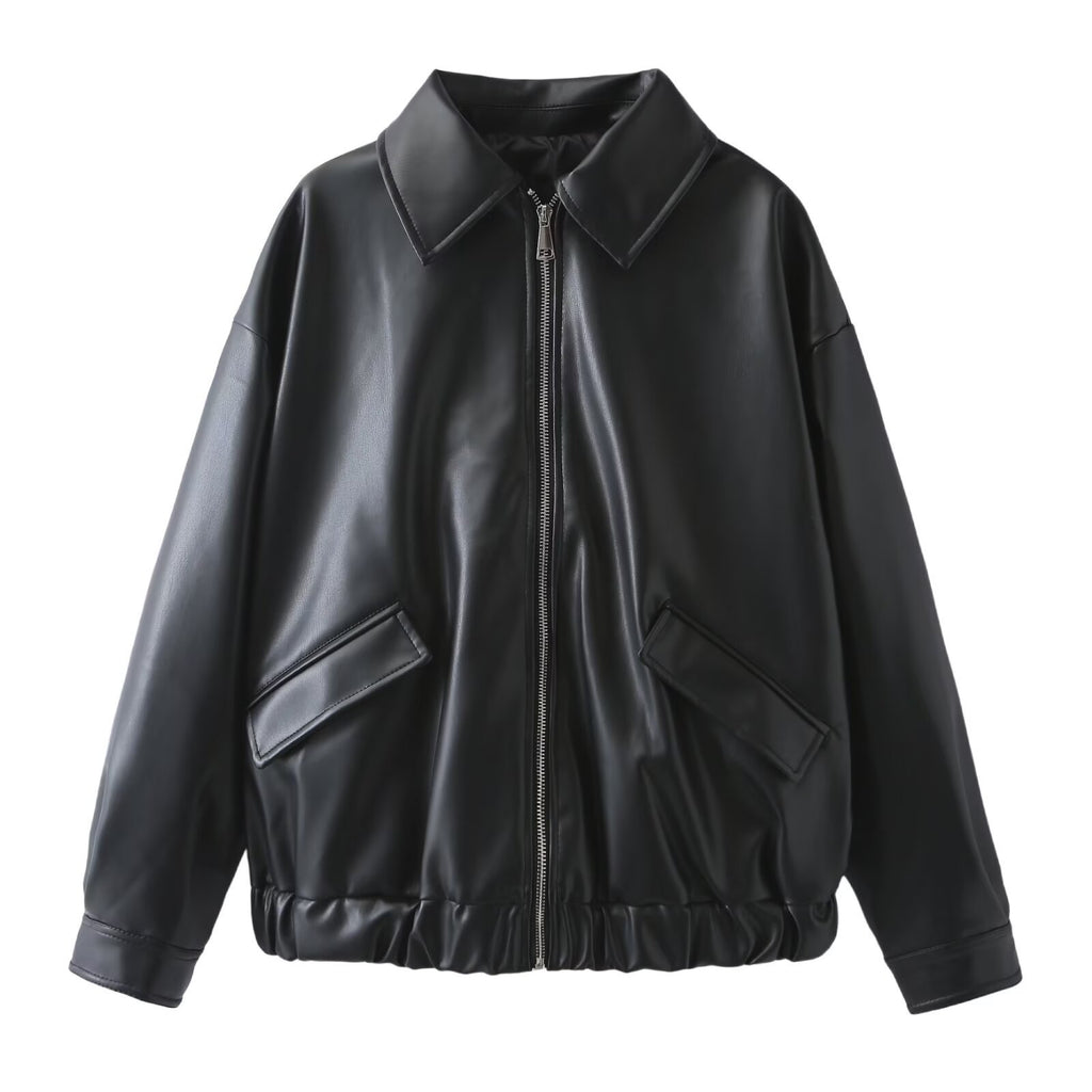 Women's Oversize Faux Leather Bomber Jacket with Zipper, Elastic Hem and Flap Pockets Fashion Glam