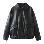 Women's Oversize Faux Leather Bomber Jacket with Zipper, Elastic Hem and Flap Pockets Fashion Glam