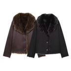 Women's Cropped Wool Blend Blouson with Voluminous Faux Fur Collar Fashion Glam