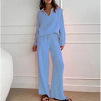 Women's Lightweight Crinkle Lounge Set with V-Neck and Wide High-Waist Pants Fashion Glam