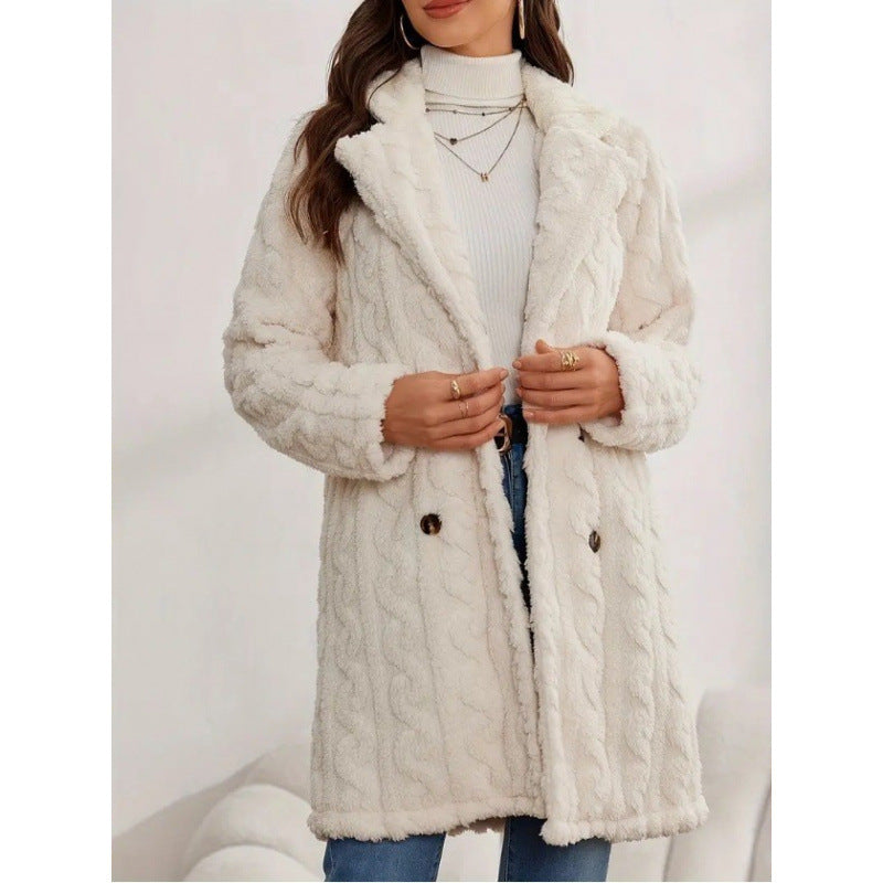 Women's Mid-Length Teddy Coat with Cable Knit Pattern, Notched Collar and Double-Breasted Front Fashion Glam