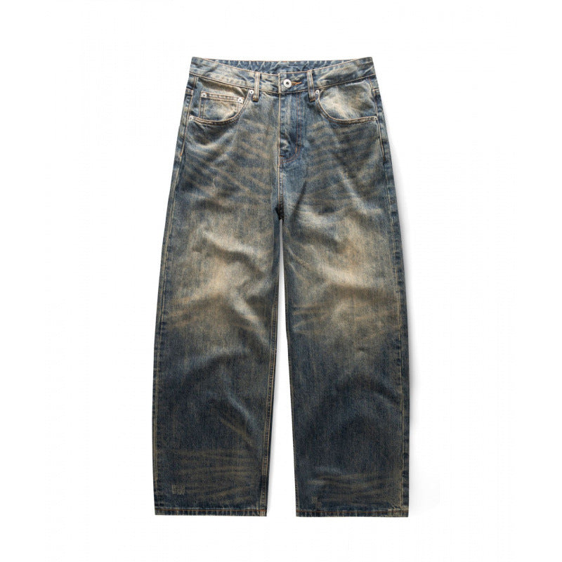 Men's Loose Straight Vintage Denim Jeans with Used Wash Fashion Glam