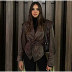 Women's Tailored Leather Jacket with Ties and Emphasized Shoulder Area Fashion Glam