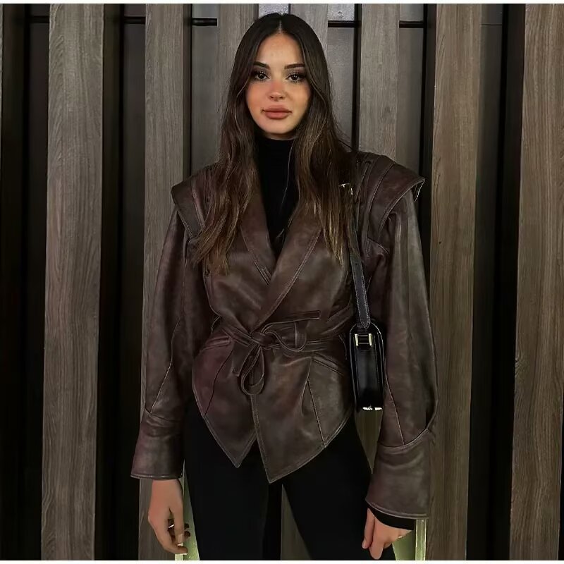 Women's Tailored Leather Jacket with Ties and Emphasized Shoulder Area Fashion Glam