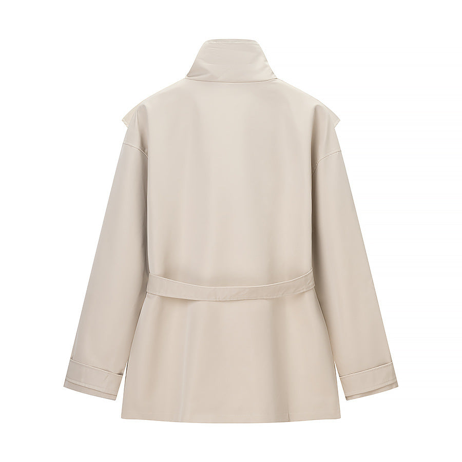 Women's Short Tailored Rain Jacket with Cape Shoulder Detail and Ties Belt Fashion Glam