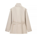 Women's Short Tailored Rain Jacket with Cape Shoulder Detail and Ties Belt Fashion Glam