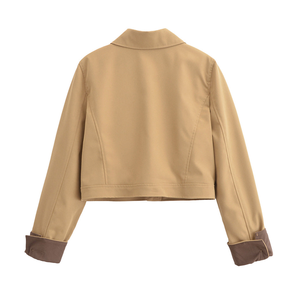 Women's Cropped Utility Jacket with Shirt Collar, Contrasting Turn-Up Cuffs and Continuous Button Placket Fashion Glam