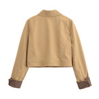 Women's Cropped Utility Jacket with Shirt Collar, Contrasting Turn-Up Cuffs and Continuous Button Placket Fashion Glam