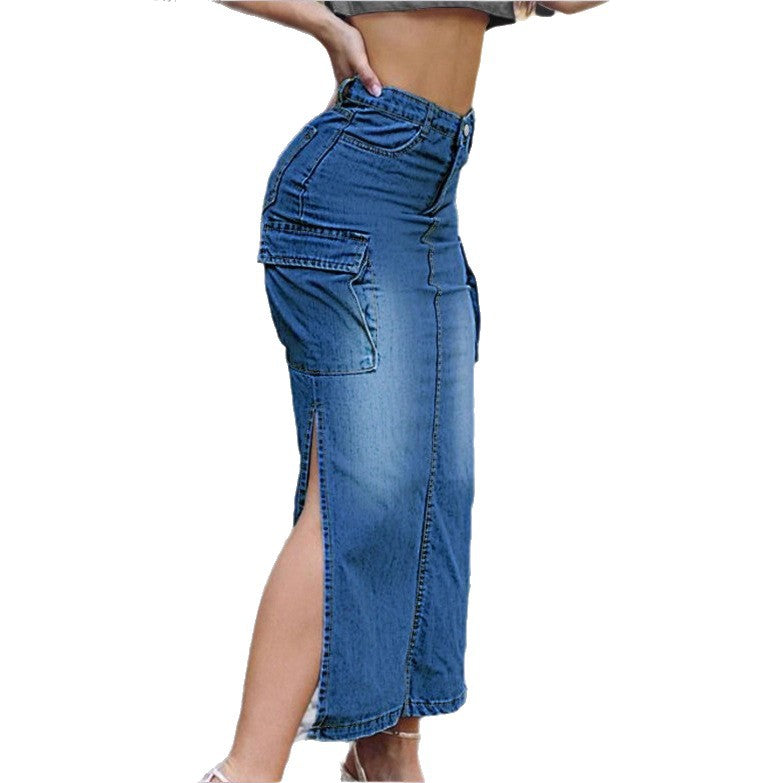 Women's High-Waisted Denim Midi Skirt with Cargo Pockets, Side Slits, and Waist-Defining Cut Fashion Glam