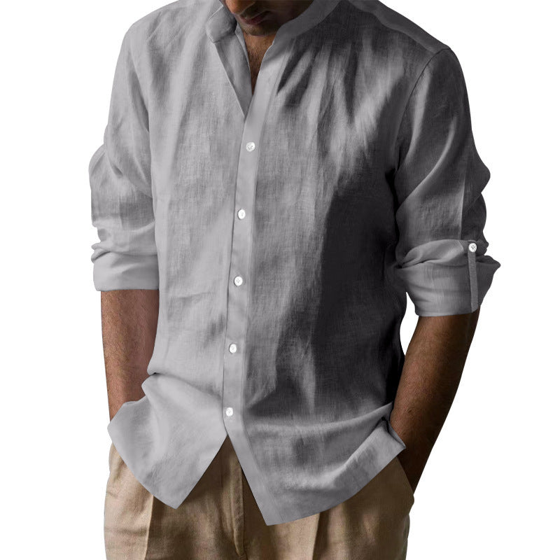 Men's Elegant Linen Shirt with Stand Collar and Button Details Fashion Glam