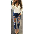 Ladies extreme ripped high-waist skinny jeans with raw fringe waistband Fashion Glam