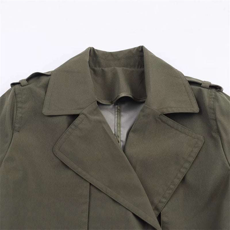 Women's short trench coat with A-line silhouette, double-breasted button placket, detachable belt, and shoulder epaulettes Fashion Glam