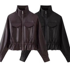 Women cropped faux leather jacket with stand collar, zipper and tailored smocking Fashion Glam