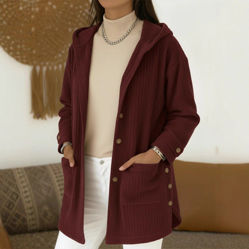 Women's Long Hooded Knitted Cardigan with Ribbed Texture, Button Placket and Side Pockets Fashion Glam