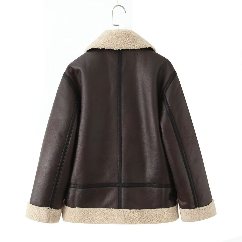 Women's Oversize Pilot Jacket made of Faux Leather with Teddy Collar and Zipper Pockets Fashion Glam